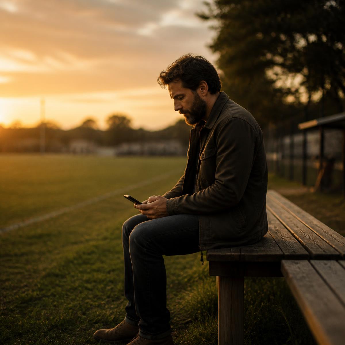 A parent reading a quiet note from The Guide A parent sitting on a bench beside a youth sports field at dusk, quietly reading a note from The Guide
