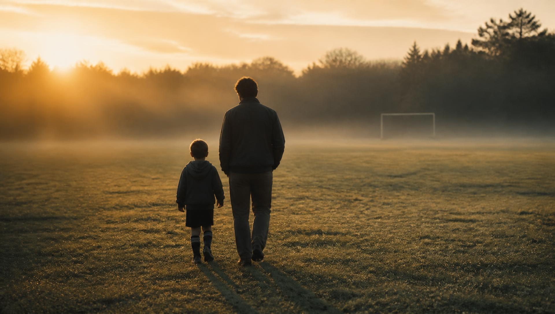 A parent and young athlete walking to the field at sunrise A parent and child walking side by side toward an empty youth sports field at sunrise